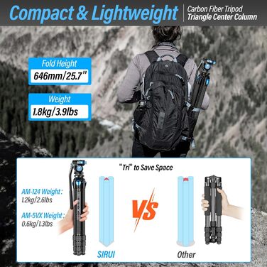 Штатив SIRUI AM124 з кульковою головкою AM01, карбоновий, легкий, для камери, 159 см, вантажопідйомність 12 кг