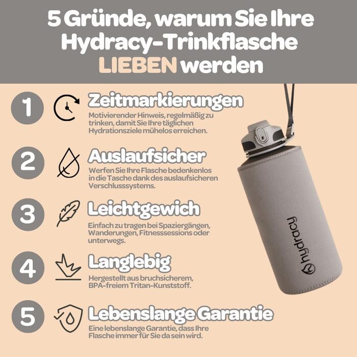 Пляшка для води Hydracy з соломинкою та мітками часу 2л - Сріблясто-сіра - BPA-free, спортивна, герметична