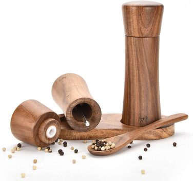 figg Salt and Pepper Grinder Wood Small (15.5 cm) - Set - Spice Grinder with Ceramic Grinder including Wooden Spoon and Wooden Coaster - Suitable as a Pepper and Salt Grinder