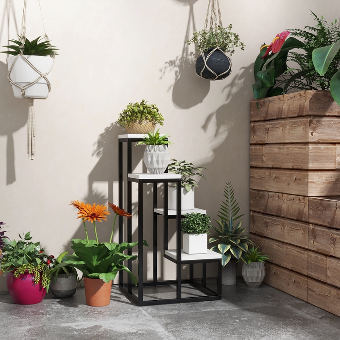 Outsunny Plant Stand Steel Flower Shelf 4 Tiers for Garden Balcony 34x34x70cm White