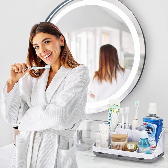 Тримач для зубних щіток у ванну кімнату: органайзер для електричної зубної щітки та пасти, 7 відділень, сірий мармур