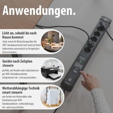 Розумний подовжувач Brennenstuhl Connect Eco-Line WiFi на 6 розеток, керування через додаток, Alexa та Google Assistant, кабель 1.5м, чорний