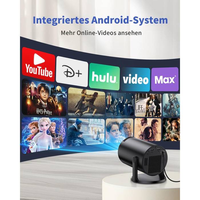 Портативний проєктор Yoton Mini Beamer Wi-Fi6/Bluetooth 5.4 з бездротовою трансляцією екрану (Android/iOS), підтримка 1080P, автоматична корекція трапецеїдальних спотворень, HDMI, Native 720P, білий (чорний)