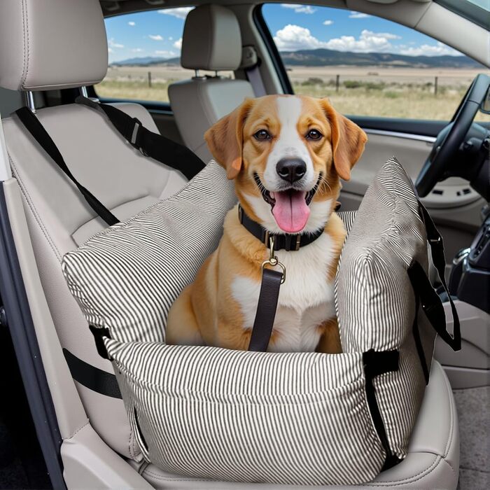 Автокрісло для собак маленьких та середніх порід до 18 кг, з ременями безпеки та кишенями для зберігання, антиковзаюча підкладка (морські смуги) (Коричневе, 76.2x52 см)