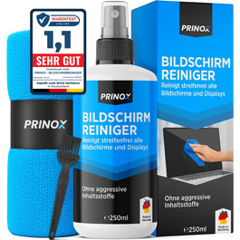 PRINOX Набір для чищення екранів 250 мл: засіб + мікрофібра + пензлик для мобільних, ноутбуків, телевізорів (LCD, LED, OLED, QLED, TFT) від жиру та відбитків пальців