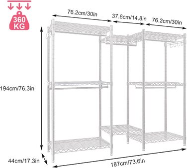 Металевий стійка для одягу з гачками, до 376 кг, 187 x 44 x 194 см, білий