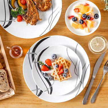 Набір посуду VEWEET FIONA для 4 осіб (12 предметів): тарілки та миски з чорними та сірими смужками, для вечері, безпечний у мікрохвильовці та посудомийній машині