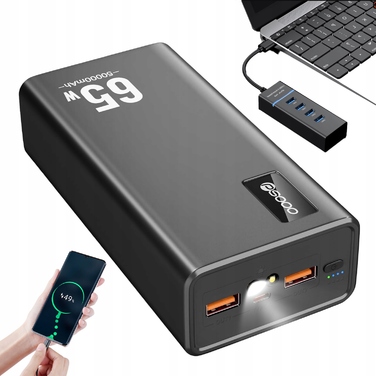 Потужний павербанк 50 000 mAh, чорний, з 4 USB-портами та швидкою зарядкою