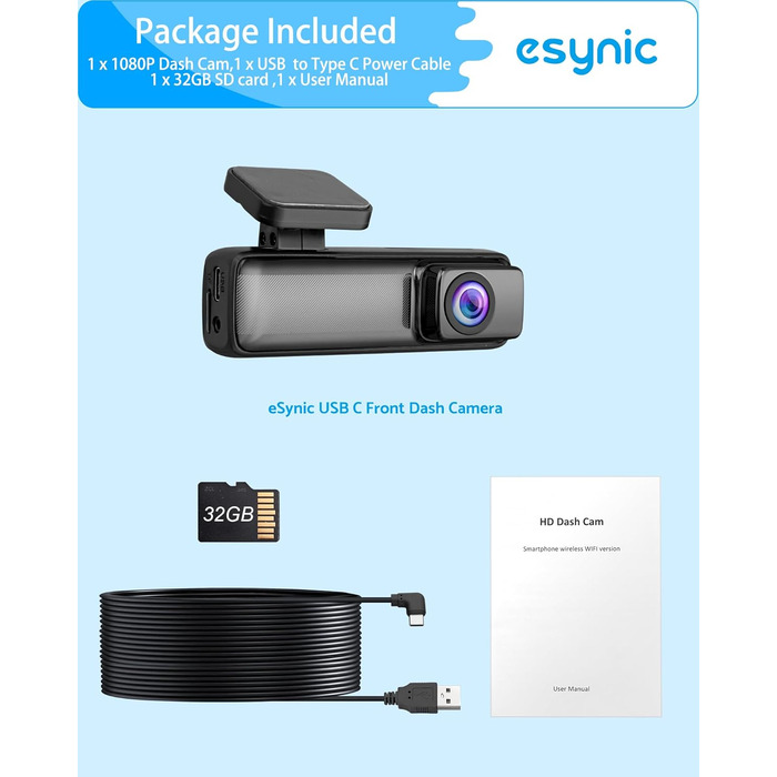 eSynic Міні відеореєстратор (Dashcam) Auto WiFi 1080P Full HD – 160° Широкий кут, Нічне бачення, G-сенсор, Паркувальний режим, Керування через App, WiFi, 32GB SD-карта в комплекті