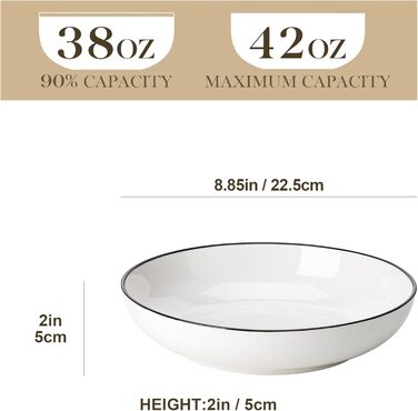 MALACASA Набір посуду 6 предметів: тарілки для пасти, супу, салату, сервірування. Глибокі тарілки для спагеті, велика супова миска. 1250 мл, білий з чорним обідком. Кераміка, преміум якість.