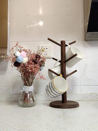 Wooden Mug Holder with 6 Hooks, Countertop Mug Stand, Coffee Bar Accessories & Organizer Station, White (Brown)