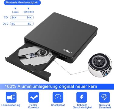 Зовнішній DVD-навігатор та CD-привід BUNUD для Windows 11, Mac, MacBook, PC: USB DVD-записувач та плеєр з картридером SD/TF та 2 USB-портами