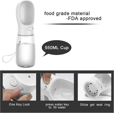 Турботрінка для собак на ходу, 550 мл, BPA-free, витокозахисна, біла