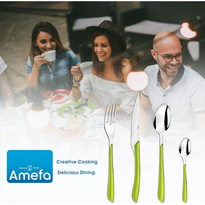 Amefa ECLAT Cutlery Set, 24-piece, for 6 people, 6 x spoons, 6 x forks, 6 x knives, 6 x coffee / tea spoons, 18/0 stainless steel, rust-proof & polished, colored handles, anise green, dishwasher-safe