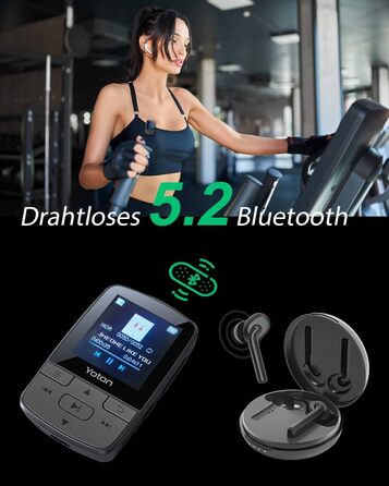MP3-плеєр YOTON з Bluetooth 5.2, Hi-Fi звук, FM-радіо, диктофон, регулятор гучності, навушники, підтримка SD до 128 ГБ (Чорний)