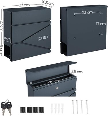 Поштовий ящик настінний SONGMICS XXL, з замком та відділенням для преси, антрацит GMB051G02
