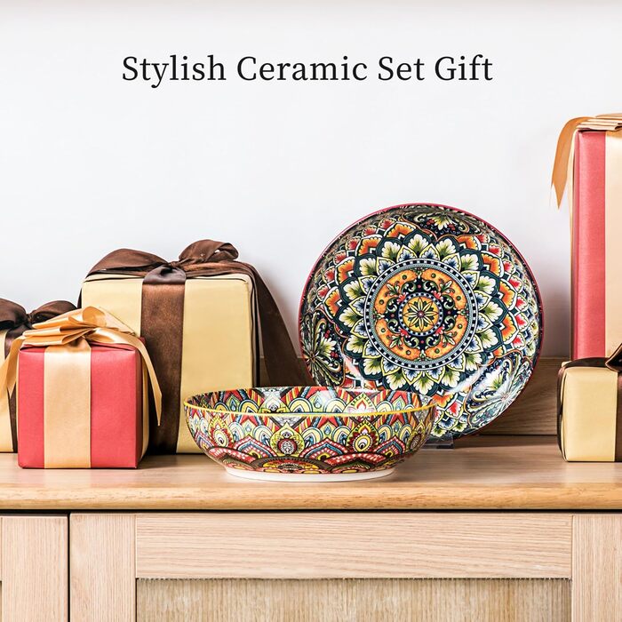 Набір тарілок Henten Home Mylo (2 шт.): супові та глибокі, 1500 мл. Тарілки для супу, пасти, салату в богемному стилі Boho, рожево-червоні відтінки