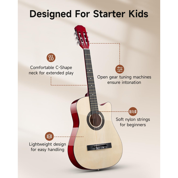 Акустична гітара Moukey для початківців, дітей, підлітків та дорослих (38 дюймів, натуральний колір), комплект з аксесуарами