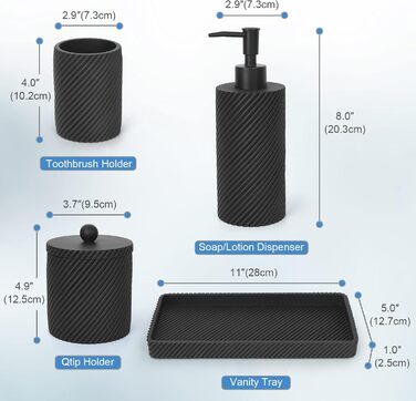 Bathroom Accessory Set, 4-Piece, Lotion/Soap Dispenser, Toothbrush Holder, Qtip Holder, Vanity Tray for Decoration, Bathroom, Countertop, Vanity Organizer, (Matte Black)