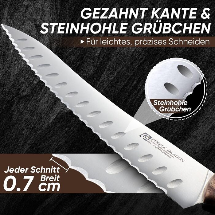 Ніж для хліба Purple Dragon Brotmesser з хвилястим лезом та ергономічною ручкою, з високоякісної німецької сталі, для свіжоспеченого хліба, закваски, тортів, гостре лезо