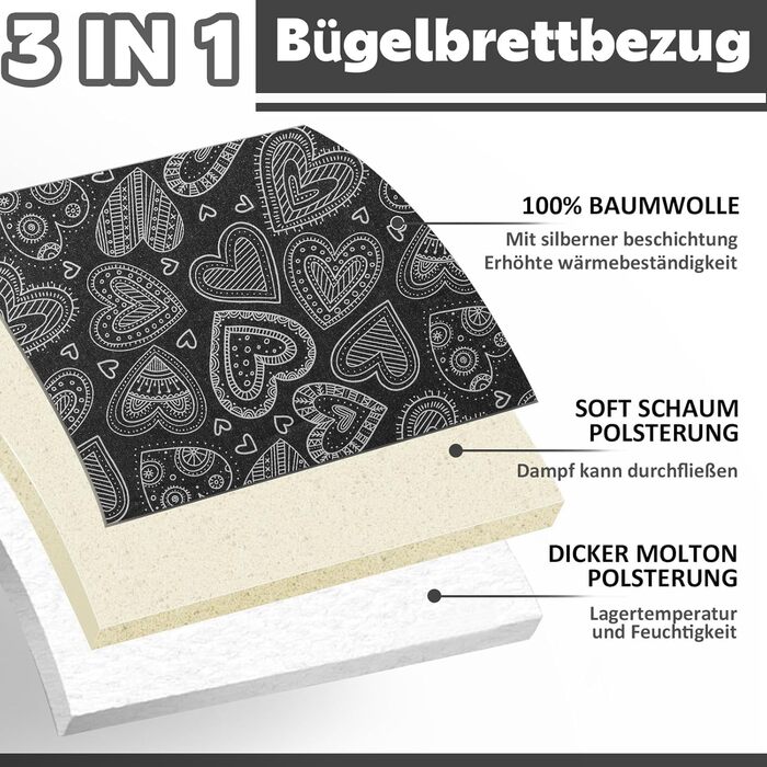 Чохол для прасувального столу Premium від Schwarzes Herz, чорний, 38-45x130-140 см (XXL)