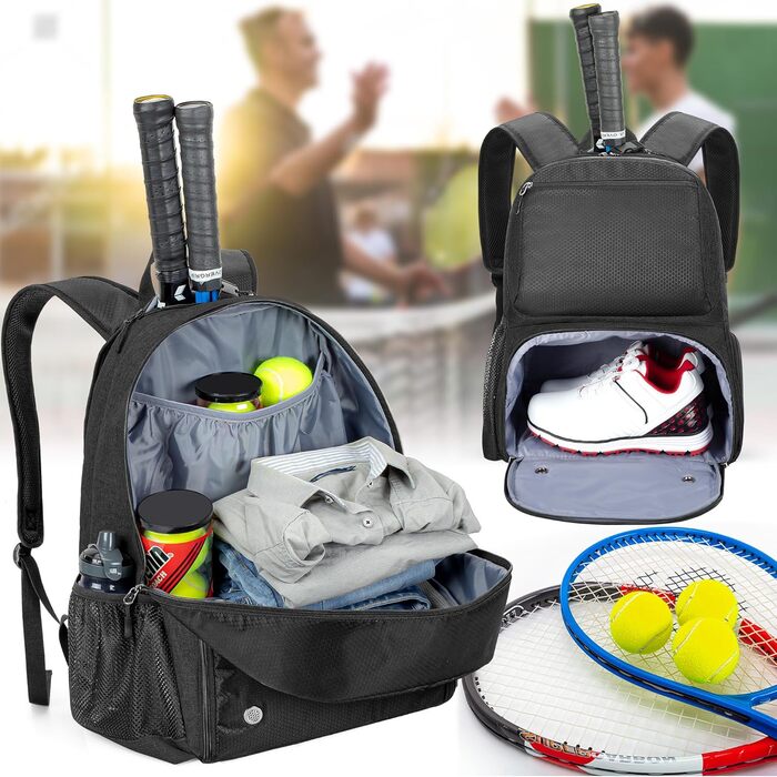 Рюкзак для тенісу DSLEAF з відділенням для взуття, сумка для 2 ракет, з підкладкою на плечах, чорний (для жінок та чоловіків)