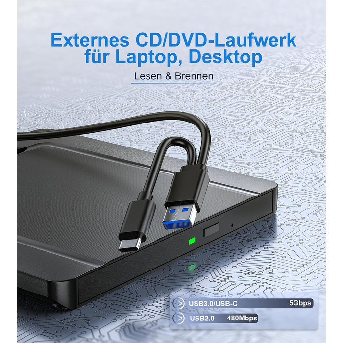 Зовнішній CD/DVD привід USB 3.0 та USB-C, ультратонкий оптичний накопичувач CD DVD +/-RW ROM для ноутбука, ПК, MacBook (Windows, macOS, Linux), чорний