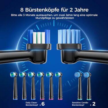Електрична зубна щітка з круглою голівкою – 50 000 рухів/хв, 8 насадок, 3 режими інтенсивності та 5 режимів чищення, до 120 днів роботи, IPX7, кейс для подорожей та тримач, для дорослих та дітей (Чорний, 1 комплект)
