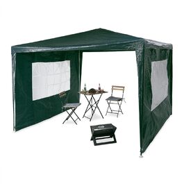 Relaxdays Pavilion 3x3 m, 2 Side Panels, Metal Frame, PE Fabric, Windows, Festival Party Tent, Enclosed, (Green)