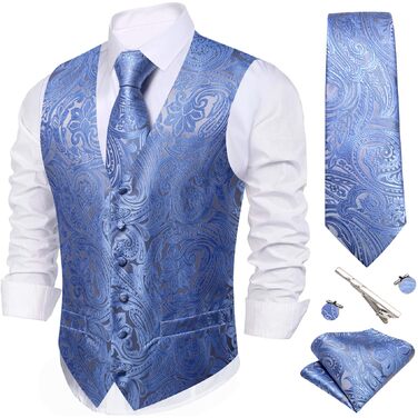 Костюмний жилет Barry.Wang чоловічий, 5-ти частинний комплект з краваткою та нагрудником, блакитний з чорним квітковим візерунком, Jacquard, шовк, 3XL