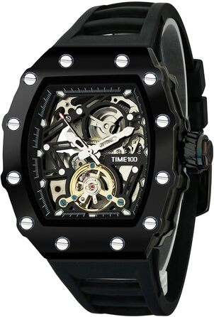TIME100 Автоматичний годинник для чоловіків: водонепроникний, з підсвічуванням, серія Pilot, Angel Wing, бізнес-стиль, механічний годинник з шкіряним/силіконовим ремінцем, скелетний дизайн (чорний)