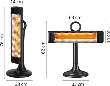 Інфрачервовий обігрівач Climative 2500W з 9 рівнями, IP65, для тераси та приміщення, з пусковим пристроєм та таймером, чорний (фіксований)