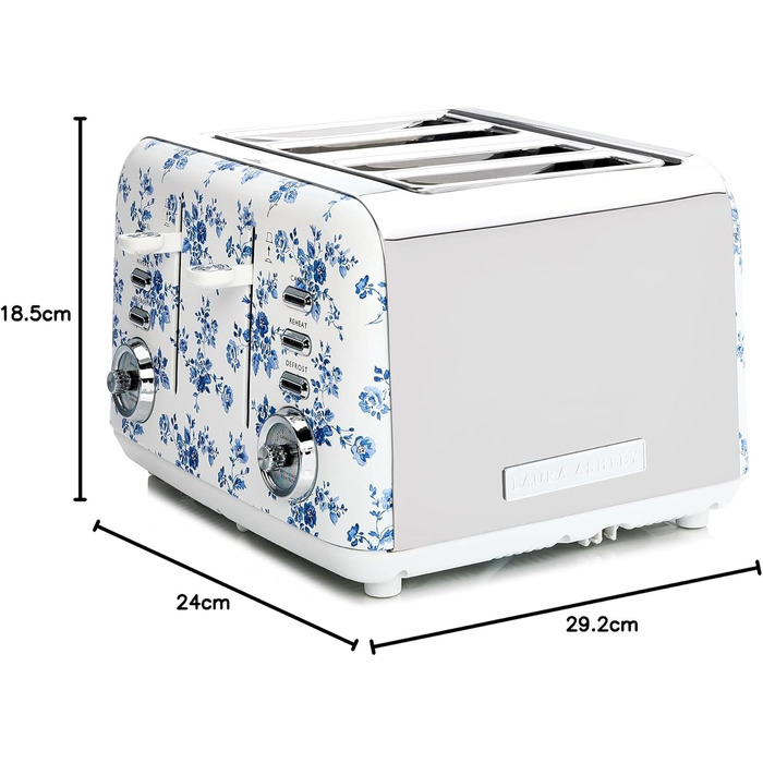 Тостер VQ Laura Ashley з 4-ма тостами, регулюванням нагріву, функціями розморожування та підігріву, з насадкою для круасанів, нержавіюча сталь, ретро-дизайн, колір 