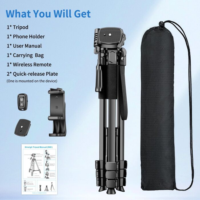 Штатив для камери Nineigh 172см, для смартфона з пультом, легкий, алюміній, 3-х секційний, для фото та відео
