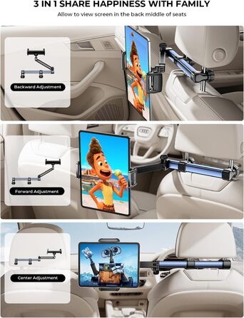 Тримач для планшету TRYONE в авто: кріплення на підголівник, 46 см, 3-в-1, для дітей, сумісний з iPad, Samsung Tab, Switch, телефонами (4.7-13 дюймів)