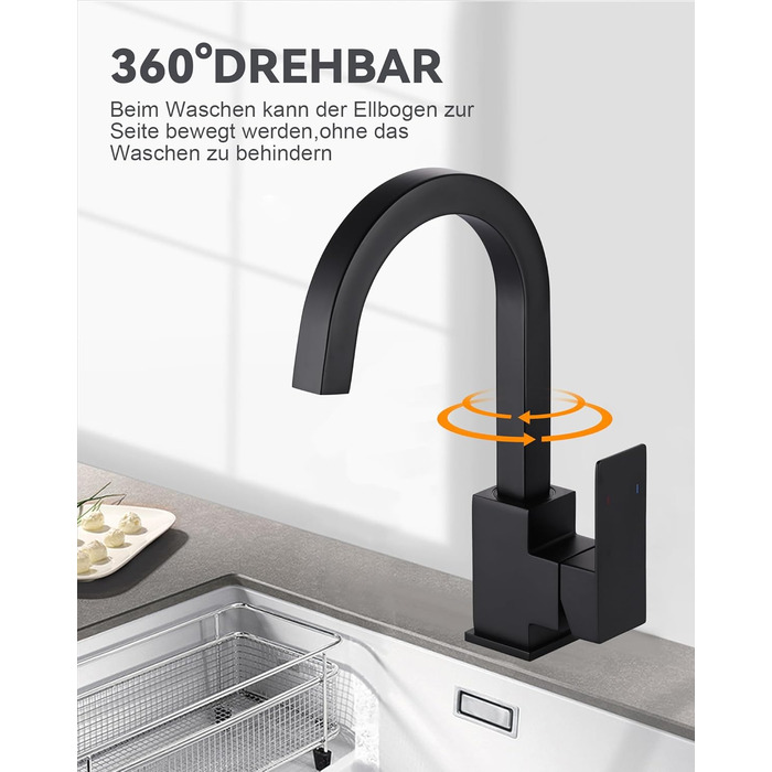 Кухонний змішувач з нержавіючої сталі, 360° поворотний, для кухні, вантажівки, ванної кімнати (чорний)