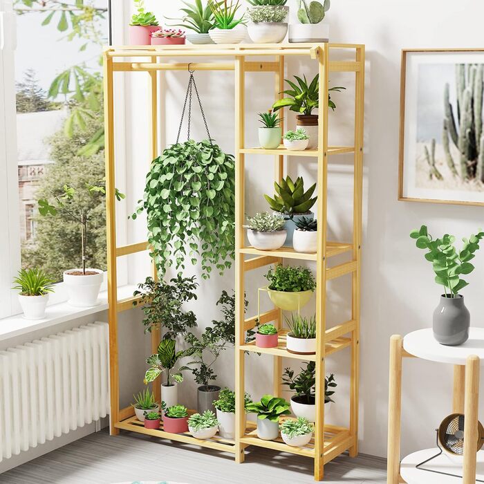 Bamboo Clothes Rack, Coat Stand with Shelves, Laundry Rack with Curtain and Clothes Rail, 90x30x146.6cm
