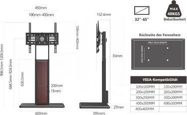 FITUEYES Adjustable TV Stand with Wood Shelf - Swivel & Height Adjustable TV Floor Stand for 32-65 inch TVs (VESA 400x400, Up to 40kg)