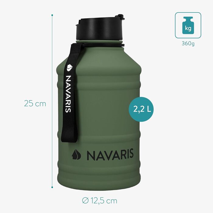 Navaris Фітнес пляшка для води 2,2 л з нержавіючої сталі, спортивна пляшка XXL, BPA Free, темно-зелена