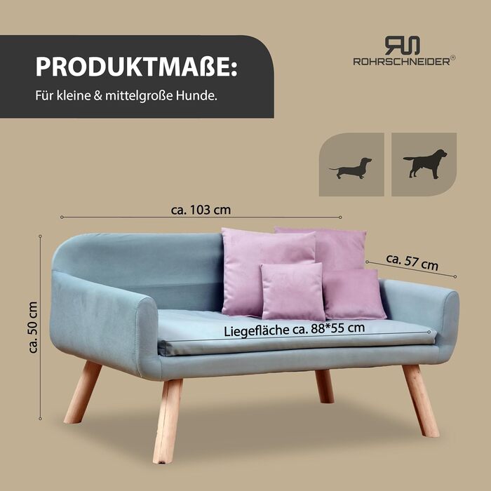 Софа для собак Rohrschneider Chicago | Миється, для собак маленьких та середніх порід | Макс. вага 50 кг | Зручна, Made in EU | 103x57x50 см | Сумка для відходів (Блакитна)