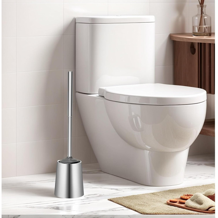 Торцева щітка для унітазу з нержавіючої сталі 304, довговічна та надійна, сучасний дизайн, змінний насадок, ідеальна для дому, офісу, готелю та квартири (геованізоване срібло), щітка з щетиною