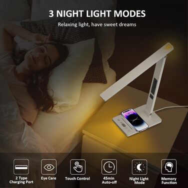LED лампа настільна YAMYONE з бездротовим зарядним пристроєм та USB-портом, 5 кольорів, регулювання яскравості, нічник, годинник, термометр, для офісу та навчання, білий колір
