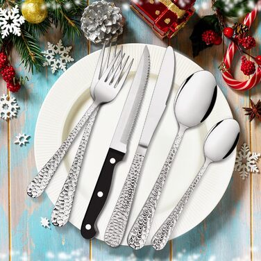 Herogo Cutlery Set, 6 Place Settings, 36-Piece Stainless Steel Cutlery Set with Knife, Fork, Spoon, Steak Knives, Modern Hammered Handle Flatware for Home/Party/Restaurant, Dishwasher Safe, Rustproof