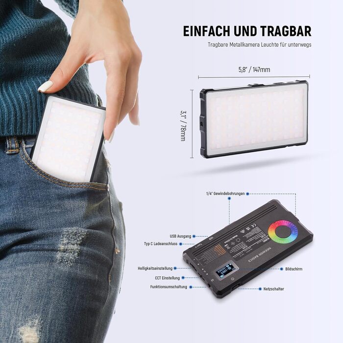 NEEWER SL90C RGB LED панель для відеозйомки, 8W, 2700K–7500K, портативна, з регулюванням кольору, CRI 97, 4000mAh, металева, для DSLR, стримінгу, SL90C