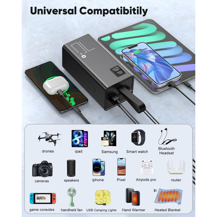 Power Bank 70000mAh 30W PD USB-C: Зовнішній акумулятор для iPhone, Samsung, планшетів - Чорний