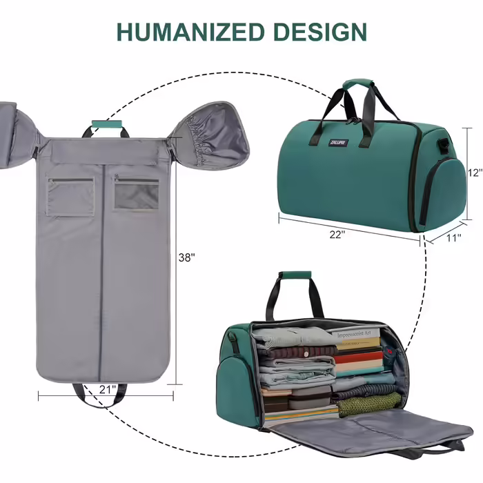 Garment bag with shoe compartment, convertible garment bag for men and women, 2-in-1 hanging, suitcase, suit, weekend, duffel bag, green, travel garment bag
