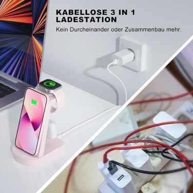 Бездротова зарядка 3 в 1 з адаптером 18W, сумісна з iPhone, Apple Watch, AirPods (Рожева)