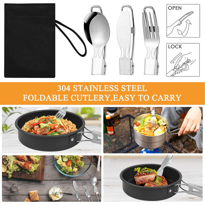 Набір посуду для кемпінгу Biliple 8-piece: каструля, сковорідка, газовa плитка, столові прибори для 1-2 осіб. Ідеально для пікніків, походів та кемпінгу.