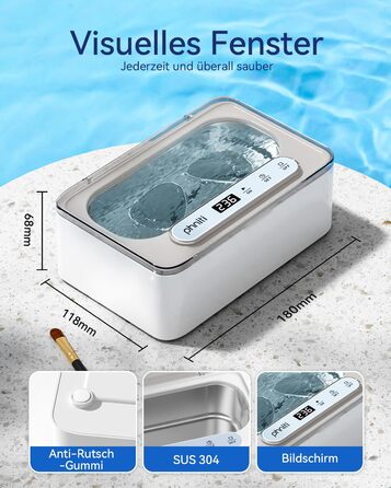 Ультразвуковий очисник Phniti 47 кГц: для окулярів, ювелірних виробів, зубних протезів. 3 режими, портативний, 330 мл, білий