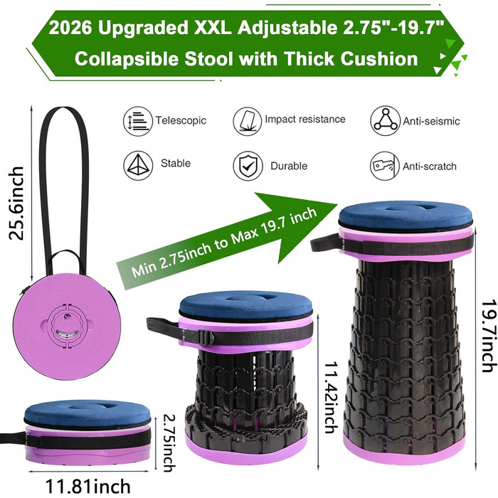 Складаний стілець Upgrade XXL з подушкою, 1000 фунтів, для дорослих, кемпінгу, подорожей (фіолетовий)